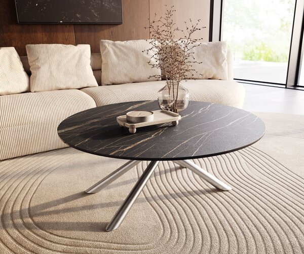DELIFE Konferenčný stolík Edge okrúhly 100x100 cm keramika Laminam® Noir Desir hnedá nerezová oceľ kefovaná