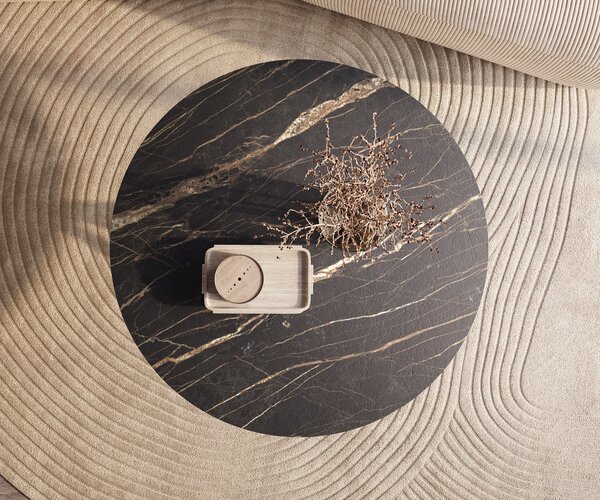 DELIFE Konferenčný stolík Edge okrúhly 100x100 cm keramika Laminam® Noir Desir hnedá nerezová oceľ kefovaná