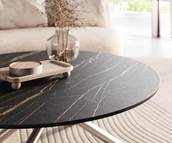 DELIFE Konferenčný stolík Edge okrúhly 100x100 cm keramika Laminam® Noir Desir hnedá nerezová oceľ kefovaná