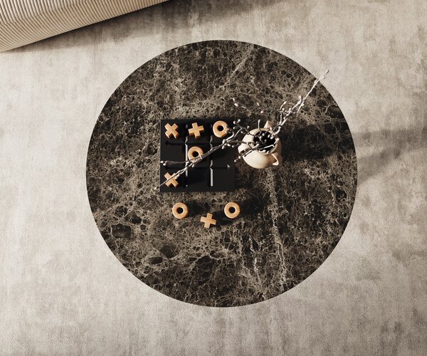 DELIFE Konferenčný stolík Edge okrúhly 90x90 cm keramika Laminam® Emperador Extra Lucidato tmavohnedá Sarity nerezová oceľ kefovaná