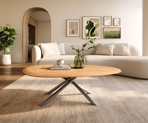 DELIFE Konferenčný stolík Edge oválny 140x75 cm dub prírodný okrúhla hrana Sarity nerezová oceľ kefovaná
