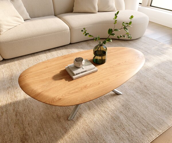 DELIFE Konferenčný stolík Edge oválny 140x75 cm dub prírodný okrúhla hrana Sarity nerezová oceľ kefovaná