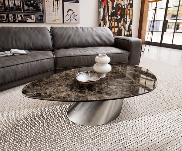 DELIFE Konferenčný stolík Edge organický 140x76 cm keramika Laminam® Emperador Extra Lucidato tmavohnedá konická nerezová oceľ kefovaná
