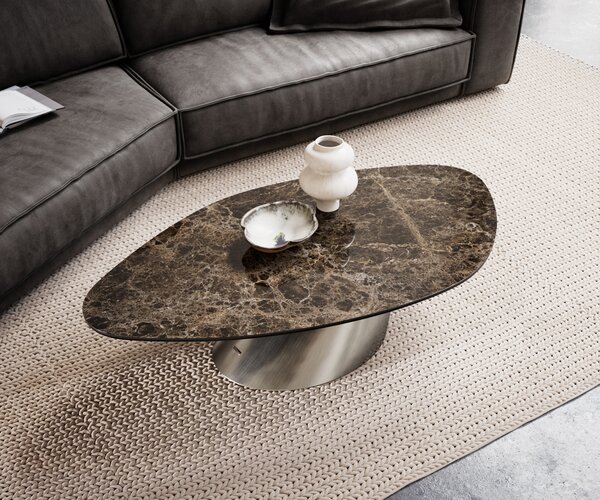 DELIFE Konferenčný stolík Edge organický 140x76 cm keramika Laminam® Emperador Extra Lucidato tmavohnedá konická nerezová oceľ kefovaná