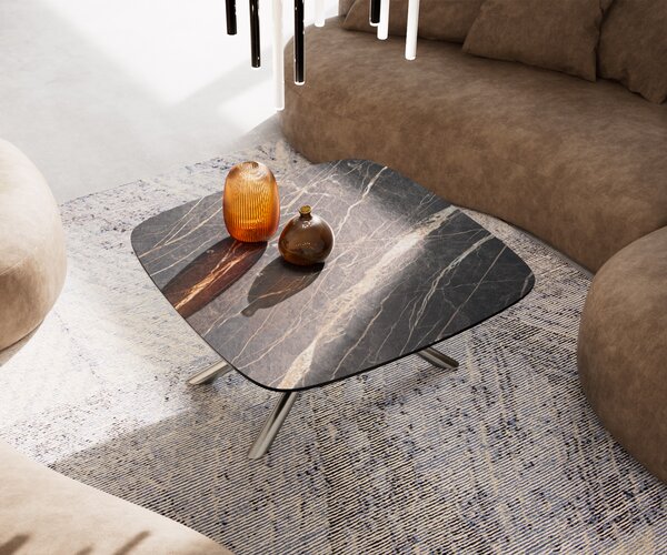 DELIFE Konferenčný stolík Edge zaoblený tvar 90x90 cm keramika Laminam® Noir Desir hnedá Sarity nerezová oceľ kefovaná