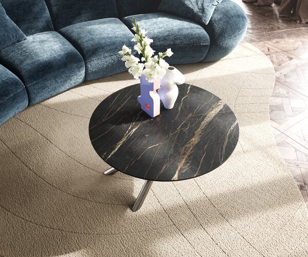 DELIFE Konferenčný stolík Edge okrúhly 90x90 cm keramika Laminam® Noir Desir hnedá Sarity nerezová oceľ kefovaná