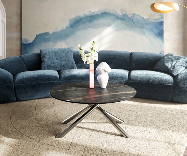 DELIFE Konferenčný stolík Edge okrúhly 90x90 cm keramika Laminam® Noir Desir hnedá Sarity nerezová oceľ kefovaná