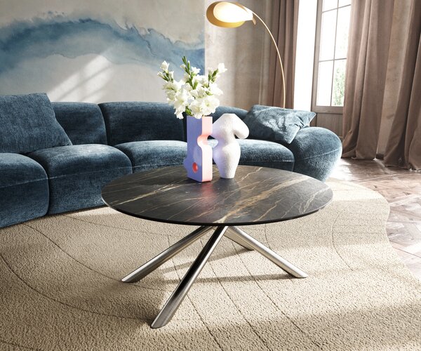 DELIFE Konferenčný stolík Edge okrúhly 90x90 cm keramika Laminam® Noir Desir hnedá Sarity nerezová oceľ kefovaná