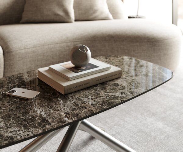 DELIFE Konferenčný stolík Edge zaoblený tvar 100x50 cm keramika Laminam® Emperador Extra Lucidato tmavohnedá Sarity nerezová oceľ kefovaná