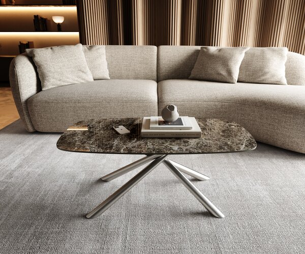 DELIFE Konferenčný stolík Edge zaoblený tvar 100x50 cm keramika Laminam® Emperador Extra Lucidato tmavohnedá Sarity nerezová oceľ kefovaná