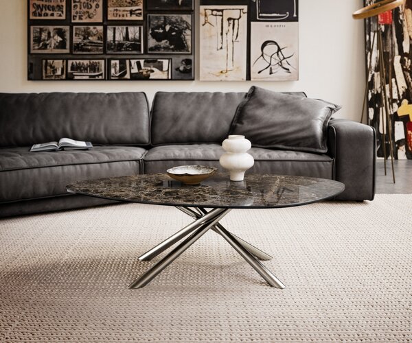 DELIFE Konferenčný stolík Edge organický 140x76 cm keramika Laminam® Emperador Extra Lucidato tmavohnedá Sarity nerezová oceľ kefovaná