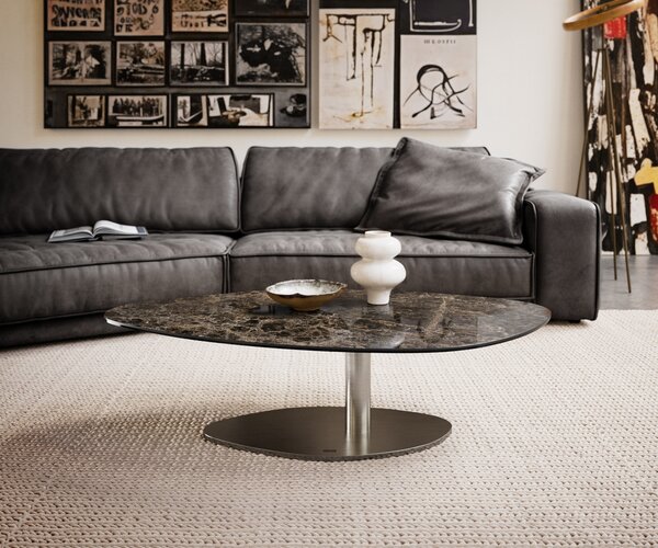 DELIFE Konferenčný stolík Edge organický 140x76 cm keramika Laminam® Emperador Extra Lucidato tmavohnedá Vibany nerezová oceľ kefovaná