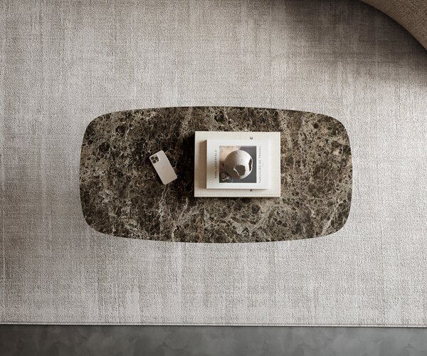 DELIFE Konferenčný stolík Edge zaoblený tvar 100x50 cm keramika Laminam® Emperador Extra Lucidato tmavohnedá Sarity nerezová oceľ kefovaná