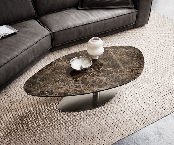 DELIFE Konferenčný stolík Edge organický 140x76 cm keramika Laminam® Emperador Extra Lucidato tmavohnedá Vibany nerezová oceľ kefovaná