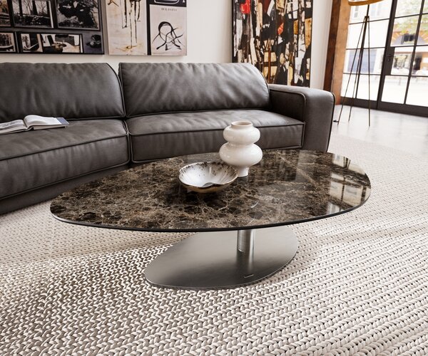 DELIFE Konferenčný stolík Edge organický 140x76 cm keramika Laminam® Emperador Extra Lucidato tmavohnedá Vibany nerezová oceľ kefovaná