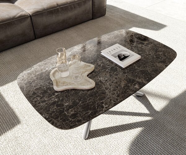 DELIFE Konferenčný stolík Edge zaoblený tvar 120x70 cm keramika Laminam® Emperador Extra Lucidato tmavohnedá Sarity nerezová oceľ kefovaná