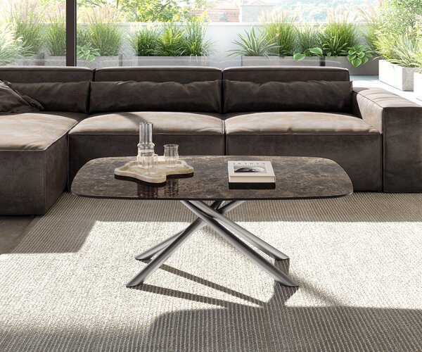 DELIFE Konferenčný stolík Edge zaoblený tvar 120x70 cm keramika Laminam® Emperador Extra Lucidato tmavohnedá Sarity nerezová oceľ kefovaná