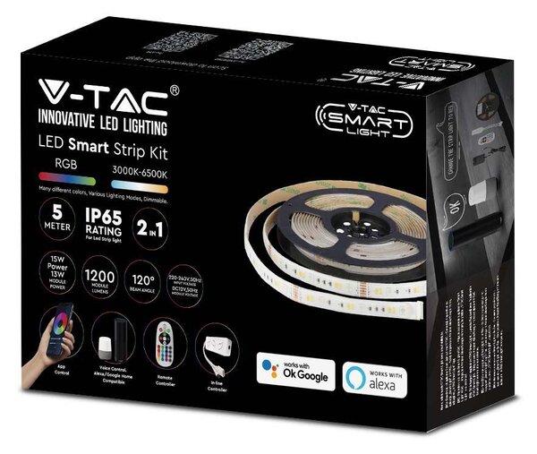 V-TAC Smart WiFi LED pás SET RGB+CCT 13W, 1200lm, vodeodolný IP65 (5m+zdroj+ovládanie)