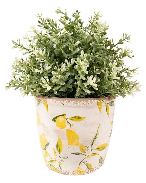 Béžový keramický obal na kvetináč s citrónmi - Ø 13*12 cm - Clayre & Eef