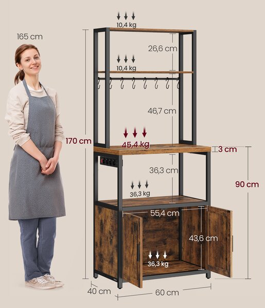 VASAGLE Kuchynská polica so zásuvkovou lištou a pracovnou doskou 60 x 170 x 40 cm hnedá čierna