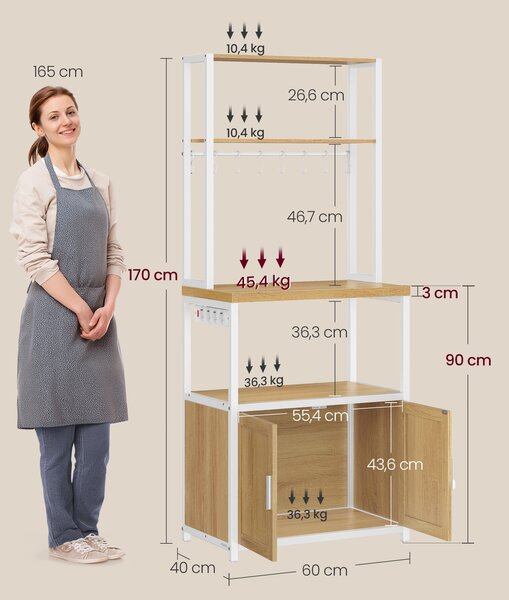 VASAGLE Kuchynský regál so zásuvkovou lištou a pracovnou doskou 60 x 170 x 40 cm dub biela