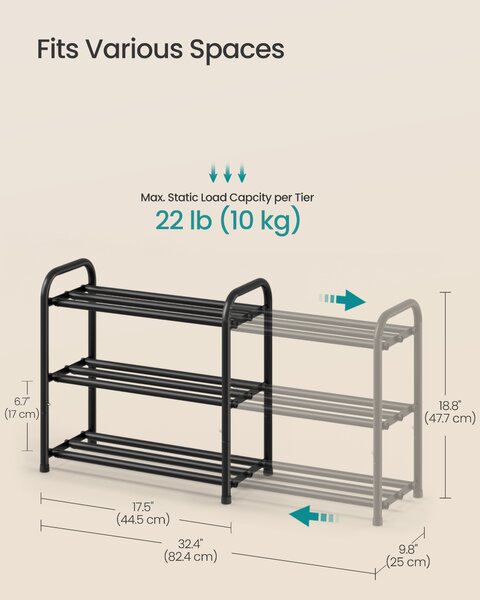 SONGMICS Rozťahovací botník, 45–82 cm, 3 poschodia, čierny