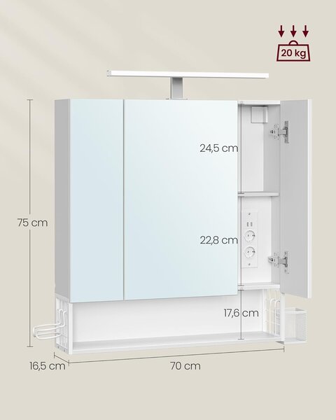 VASAGLE Kúpeľňová 3D zrkadlová skrinka s osvetlením, biela
