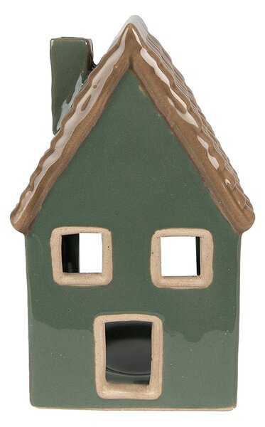 Zelený porcelánový domček svietnik na čajovú sviečku Christmas House - 9*8*15 cm - Clayre & Eef