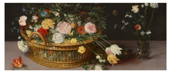 Obraz - Jan Brueghel the Elder, Flowers in a Basket and a Vase, reprodukcia (120x50 cm)