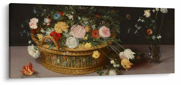 Obraz - Jan Brueghel the Elder, Flowers in a Basket and a Vase, reprodukcia (120x50 cm)