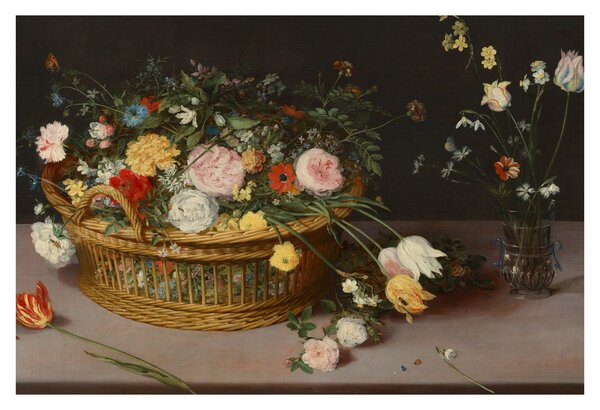 Obraz - Jan Brueghel the Elder, Flowers in a Basket and a Vase, reprodukcia (90x60 cm)