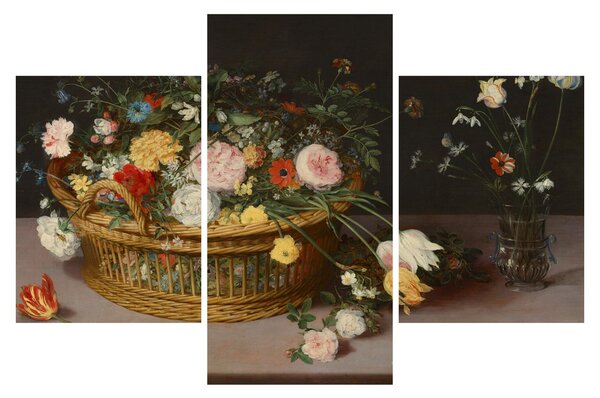 Obraz - Jan Brueghel the Elder, Flowers in a Basket and a Vase, reprodukcia (90x60 cm)