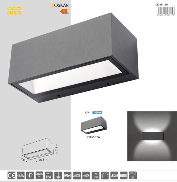 LED fasádne svietidlo OSKAR 12W čierne (Z1233-12W)