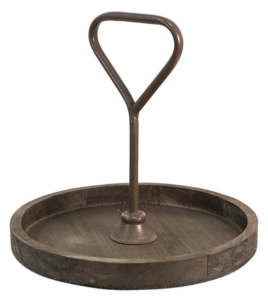 Hnedý drevený podnos s držadlom - Ø 35*33 cm - Clayre & Eef