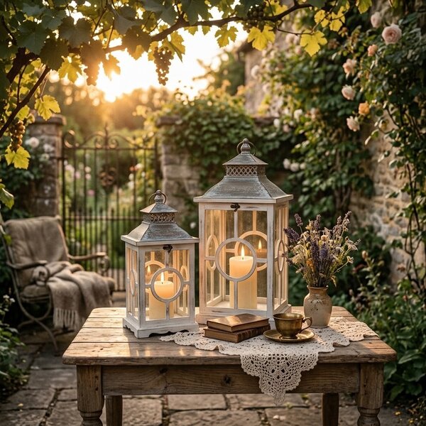 Set 2ks biela antik drevený lampáš Amallie - 31*26*63 cm - J-Line by Jolipa