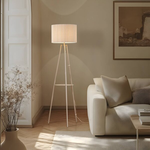Lindby trojnohá stojacia lampa Libbie, 155 cm, ľan, krémová farba, Krémová / jantárovo žltá, Obývacia izba / jedáleň, Textil / látka / hodváb, Škandinávsky, Stojaca lampa