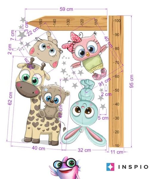 INSPIO-textilná prelepiteľná nálepka - Detský meter na stenu 150 cm - Zvieratká CUTE2