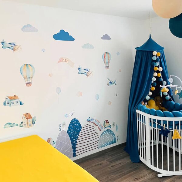 INSPIO-textilná prelepiteľná nálepka - Detské samolepky na stenu - Kopce, lietadlá, vláčik