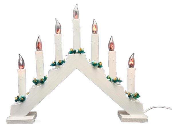 Vianočný drevený svietnik v tvare pyramídy, biela farba, 7 plameňov sviečok