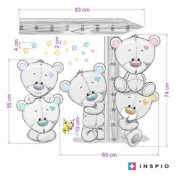 INSPIO-textilná prelepiteľná nálepka - Detský meter na stenu - Medvede
