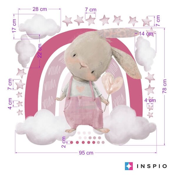 INSPIO-textilná prelepiteľná nálepka - Nálepky na stenu - Zajačik a dúha v ružových farbách