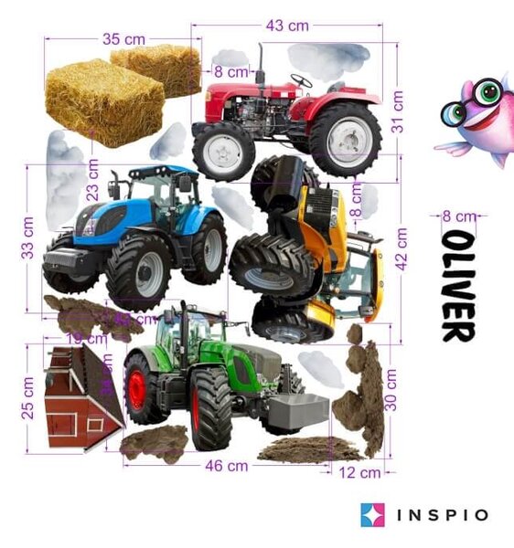 INSPIO-textilná prelepiteľná nálepka - Nálepka na stenu pre chlapcov - Traktory s menom