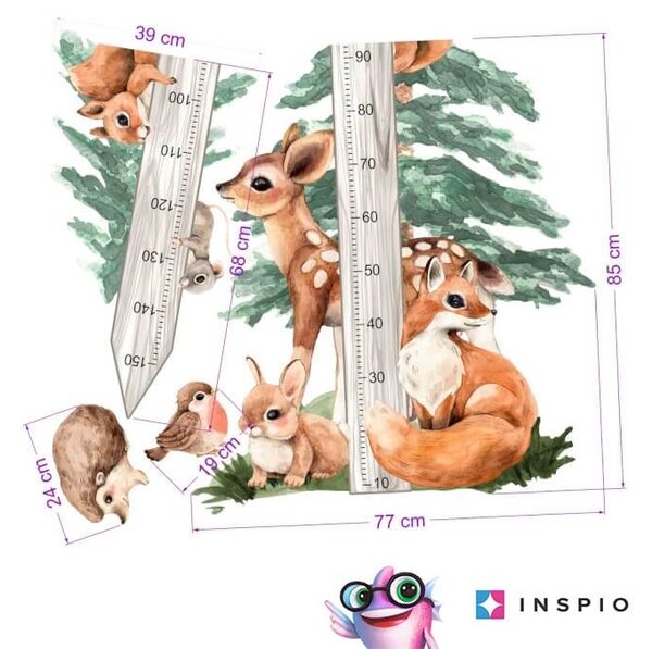 INSPIO-textilná prelepiteľná nálepka - Nálepka meter na stenu - Forest a zvieratká z lesa