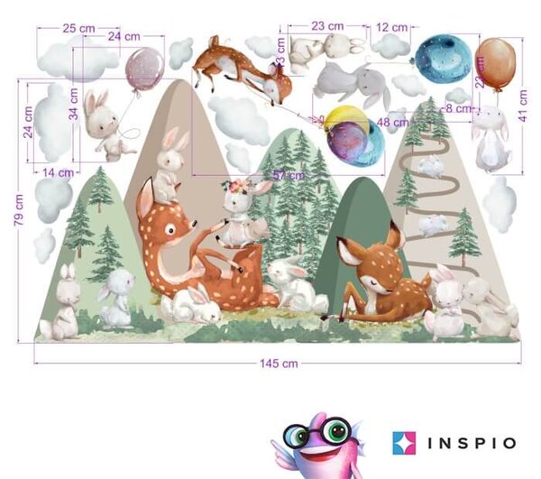 INSPIO-textilná prelepiteľná nálepka - Nálepky na stenu pre deti - Kopce so srnkami a zajačikmi