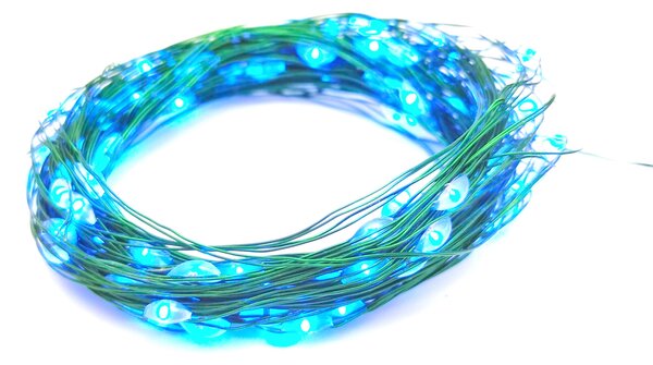 Vianočná LED mikro reťaz na batérie – modrá, 10 m, 100 LED, zelený kábel