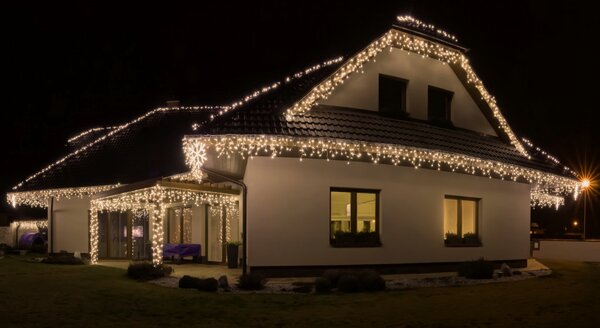 Vonkajší LED vianočný záves – 10 m, 500 LED, teplá biela, s programami, čierny kábel
