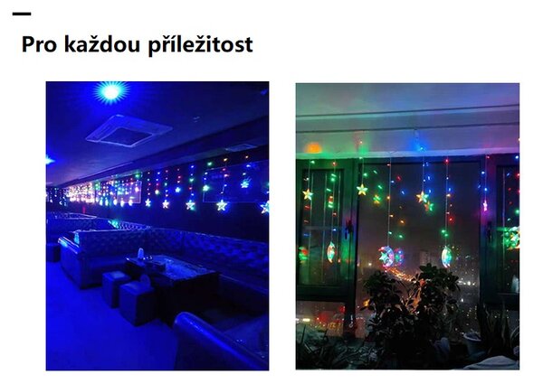 Vnútorný LED vianočný záves - Hviezdička v objatí mesiaca, 3m, 138 LED Farba: Rôznofarebná