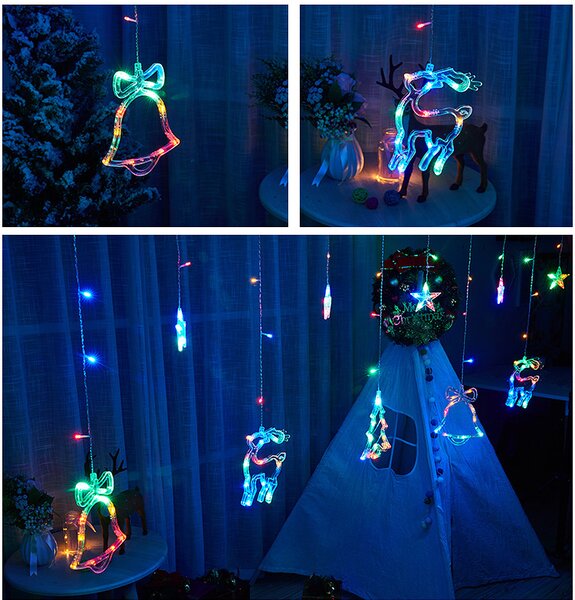 Vnútorný LED vianočný záves - sob, stromček, zvonček, 3m, 138 LED, rôzne farby na výber Farba: Rôznofarebná