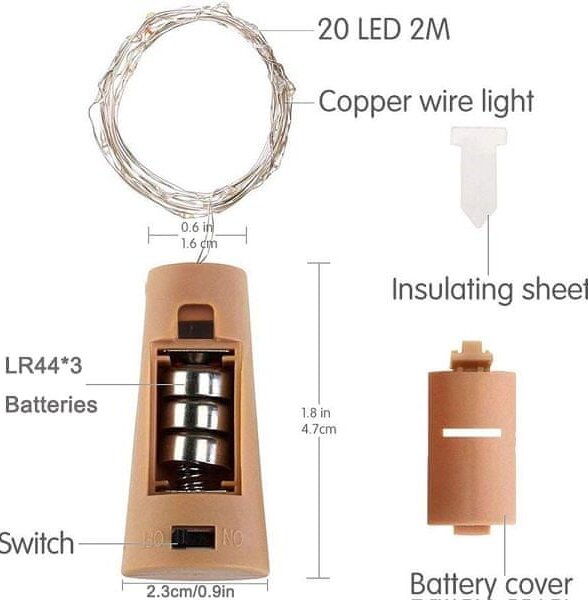 Zátka s LED svetielkami do fľaše, 2m, teplá biela