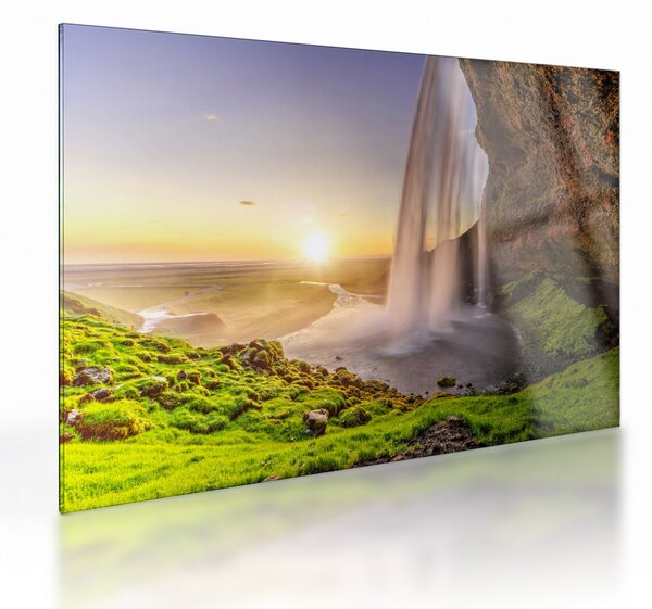 Sklenený obraz - Seljalandsfoss spoza vnútra jaskyne (70x50 cm)